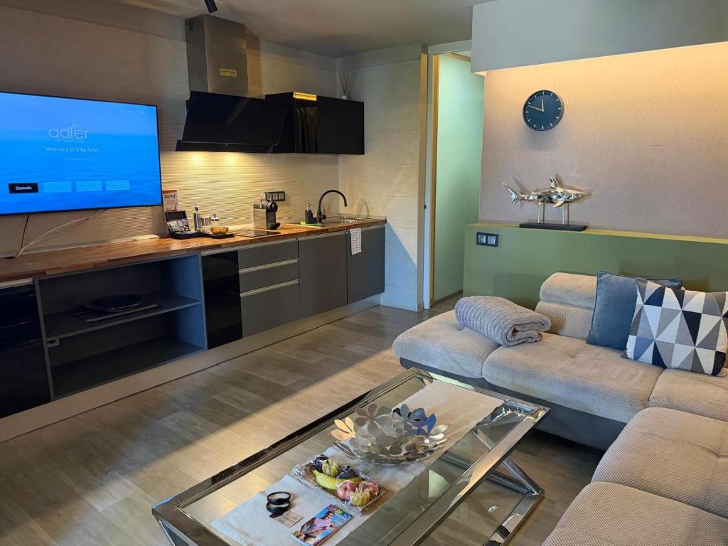 a living room with a couch and a large screen tv at Villa Adler Men Only in Playa del Ingles