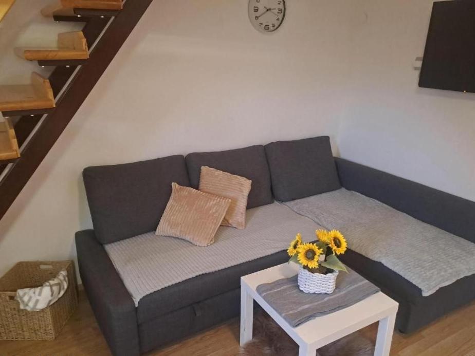 a living room with a couch and a table with flowers at Green Sky House in Mostec