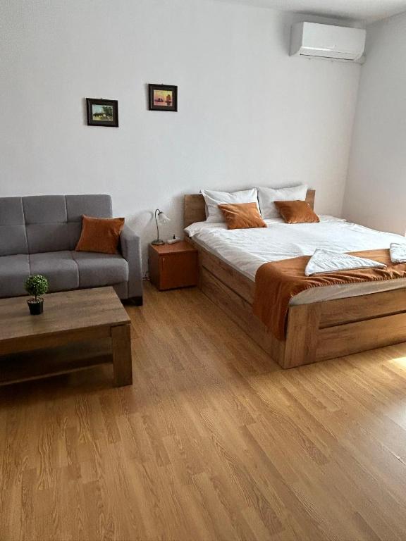 a living room with a bed and a couch at Casa Conti in Sibiu