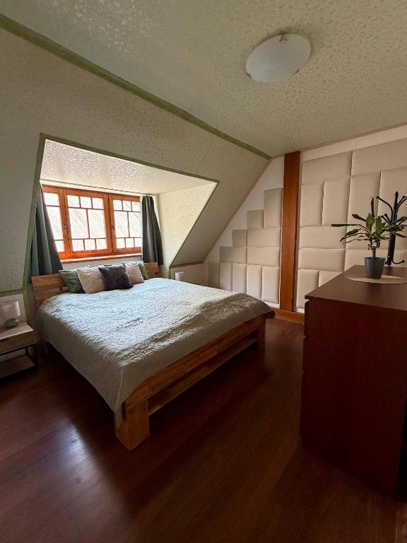 a bedroom with a large bed with a window at Pension 311 Vrchlabí in Vrchlabí