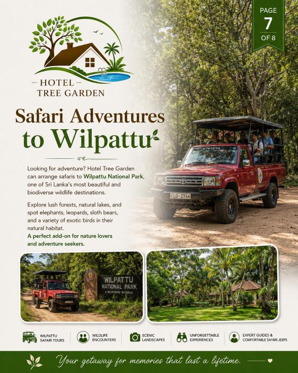 a flyer for a safari adventure to vitipuri at Hotel Tree Garden Wilpaththu Nochchiyagma Anuradhapura in Nochchiyagama