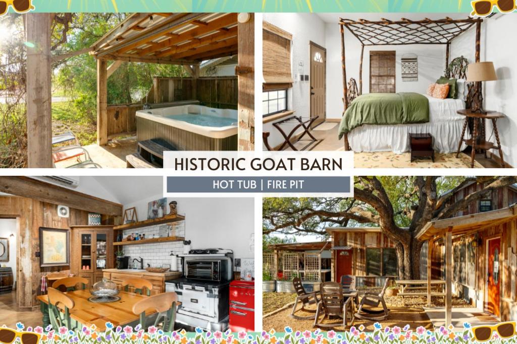 a collage of pictures of a home with a golf barn at Pet Friendly Treehouse Vibe with Hot Tub & Fire Pit in Fredericksburg