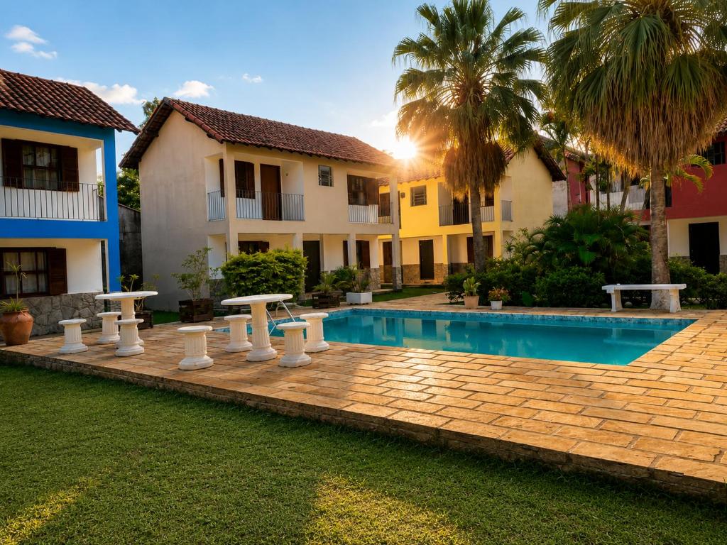 a backyard with a swimming pool and a resort at Pousada Recanto Penedo in Penedo