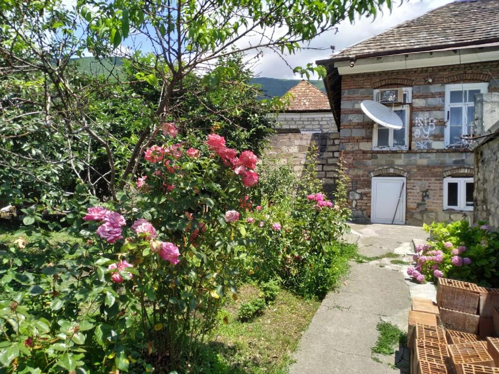 a garden with roses and a house with a frisbee at Old House in Sheki