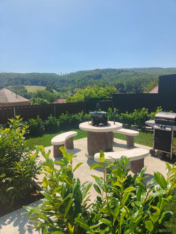 a patio with two benches and a fire pit at Bakony Kincse Vendégház in Jásd