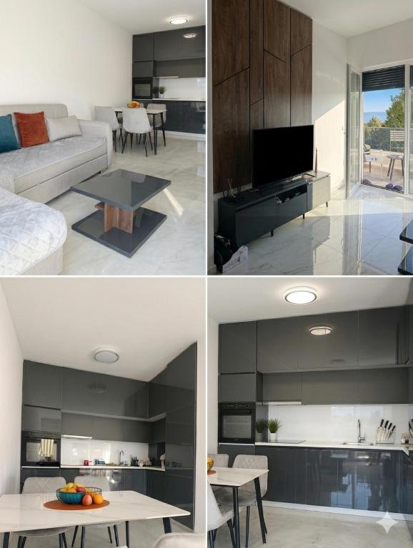 three different views of a living room and a kitchen at Apartman SOFI in Ulcinj