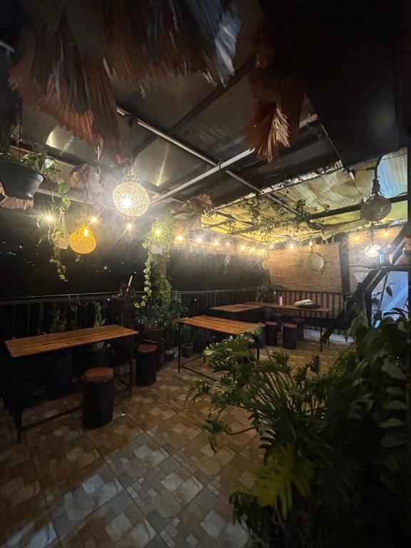 a restaurant with tables and potted plants and lights at Urban Vibe Kandy in Kandy