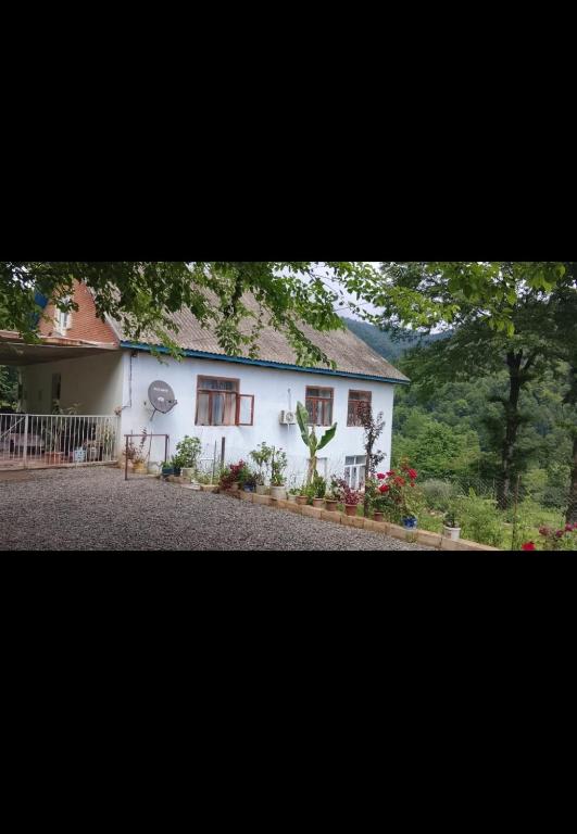 a white house with windows and flowers in front of it at Kirayeev Hamarmeşə in Lerik
