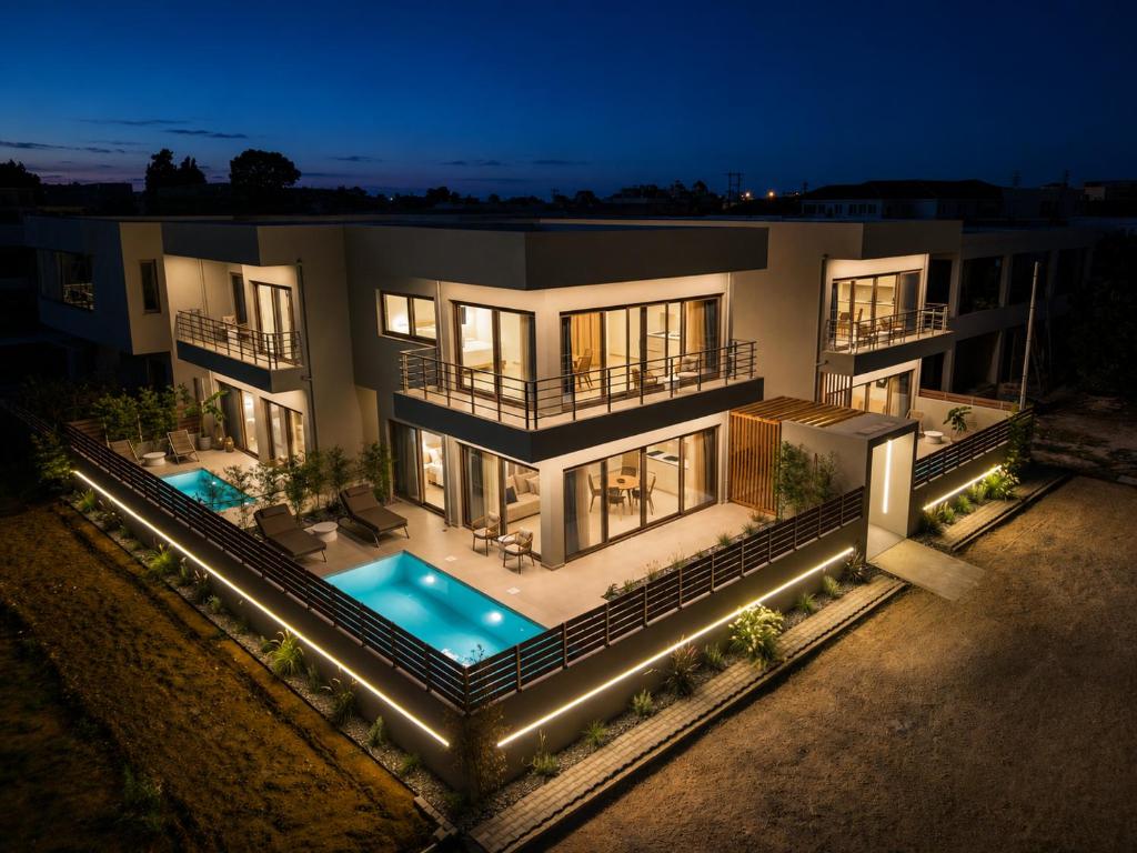 an aerial view of a house with a swimming pool at IONE Suites in Preveza