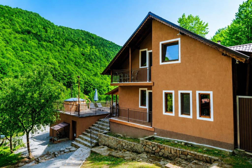 a house with stairs and a hill in the background at Iezer Mountain Escape in Lunca Ampoiţei