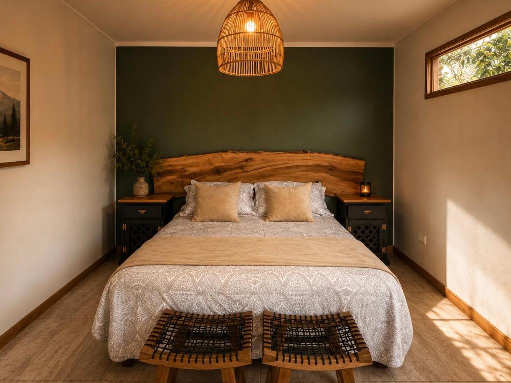 a bedroom with a large bed with two night stands at Yucca Lodge en Colbún in Colbún