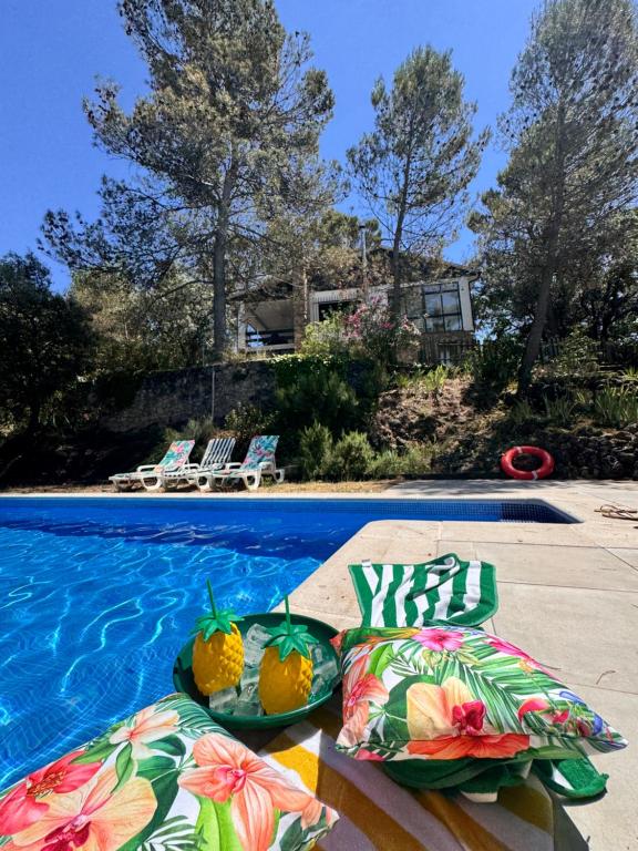 a swimming pool with two plates of fruit on a table at Alcarria , Casa del Agua in Albalate de Zorita