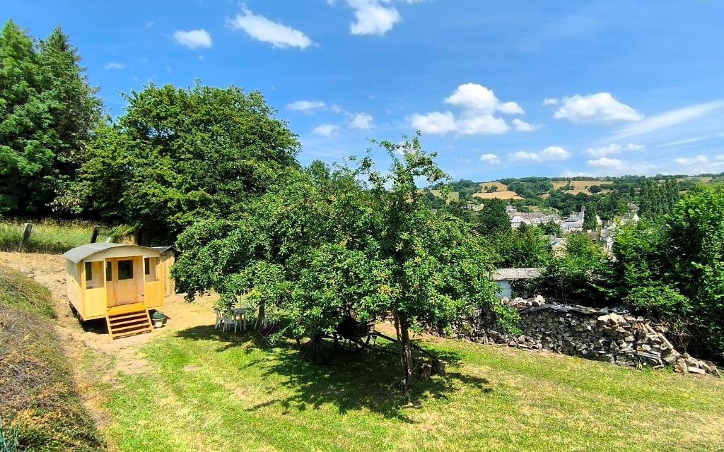 a small yellow house on a hill with a tree at La Roulotte Cacahuète in Pont-d'Ouilly