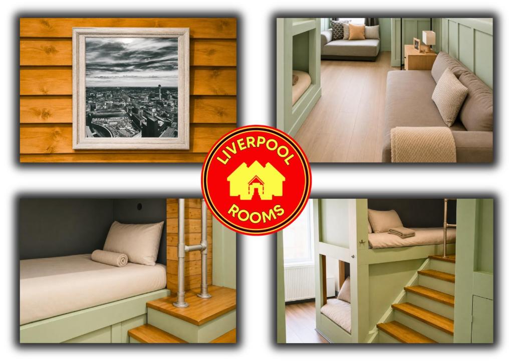 a collage of four pictures of a tiny house at Pitchside Rooms in Liverpool