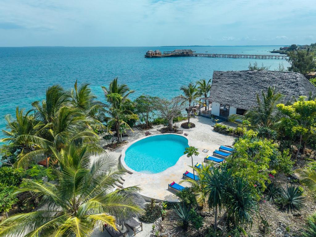an aerial view of a resort with a swimming pool and the ocean at Tunu Beach Zanzibar in Kizimkazi