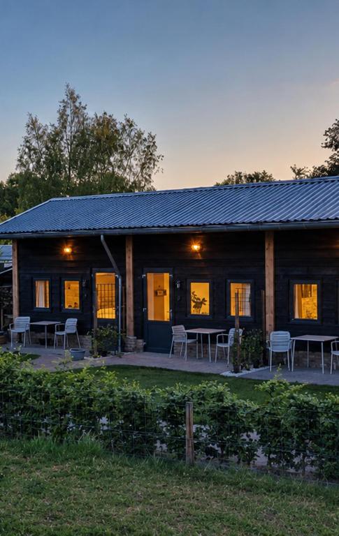 ein Haus mit Tischen und Stühlen davor in der Unterkunft De Brummelstee in Beilen
