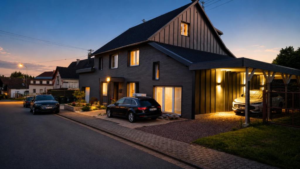 a house with two cars parked in front of it at Ferienwohnung mit Weitblick in Weiskirchen