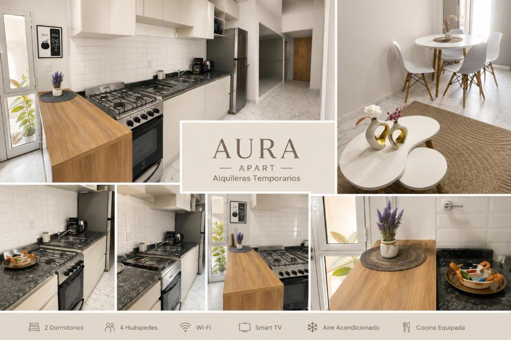 a collage of photos of a kitchen with a table at Aura Apart in Reconquista