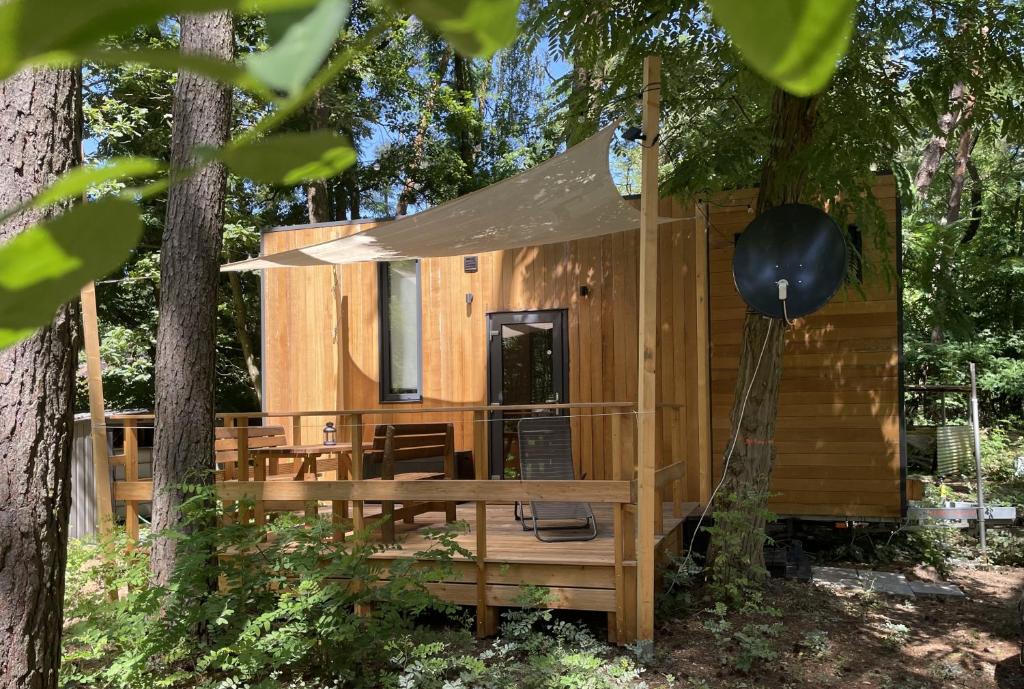 a cabin in the woods with a gazebo at Tiny House am Ranziger See in Tauche