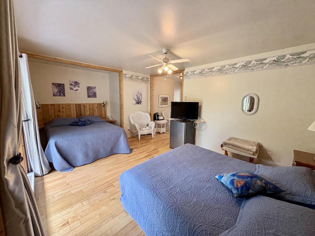 a bedroom with two beds and a television in it at Auberge Maison Gauthier in Tadoussac