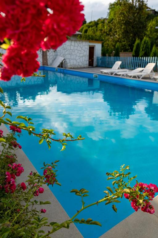 a swimming pool with blue water and flowers at Spitak tun in Ijevan