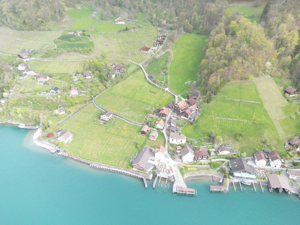an aerial view of a house on an island in the water at Haus Bünten in Quinten