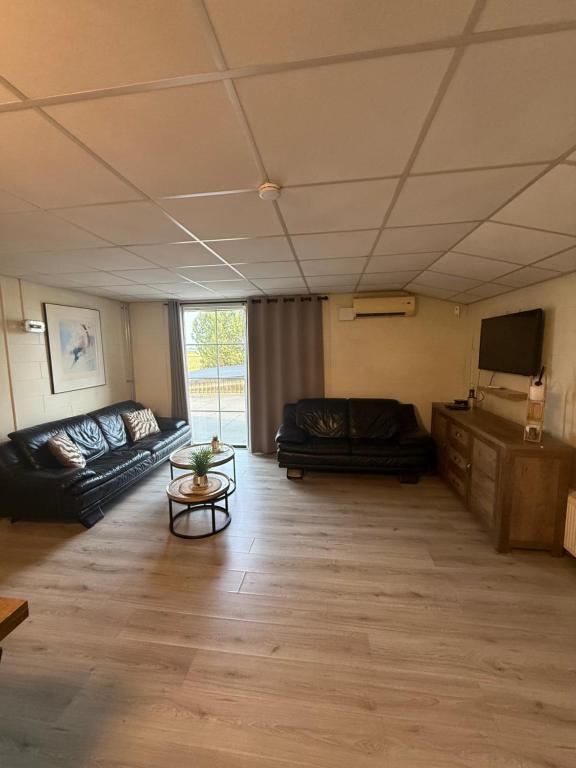 a living room with two couches and a tv at The Quiet Escape in Strijen