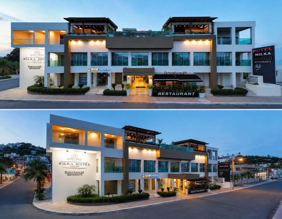 two pictures of a building with a restaurant at Nilka Hotel Boutique in Santa Bárbara de Samaná