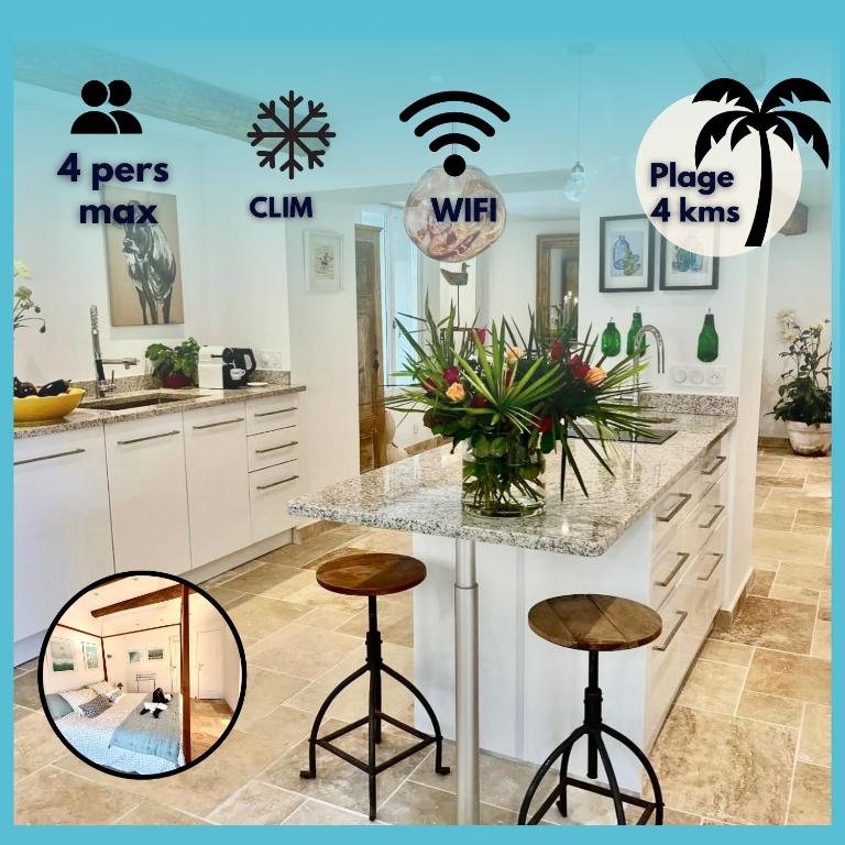 a kitchen with a counter and stools in a room at La Villa au Patio Suspendu by GC - Clim - Wifi in Sérignan