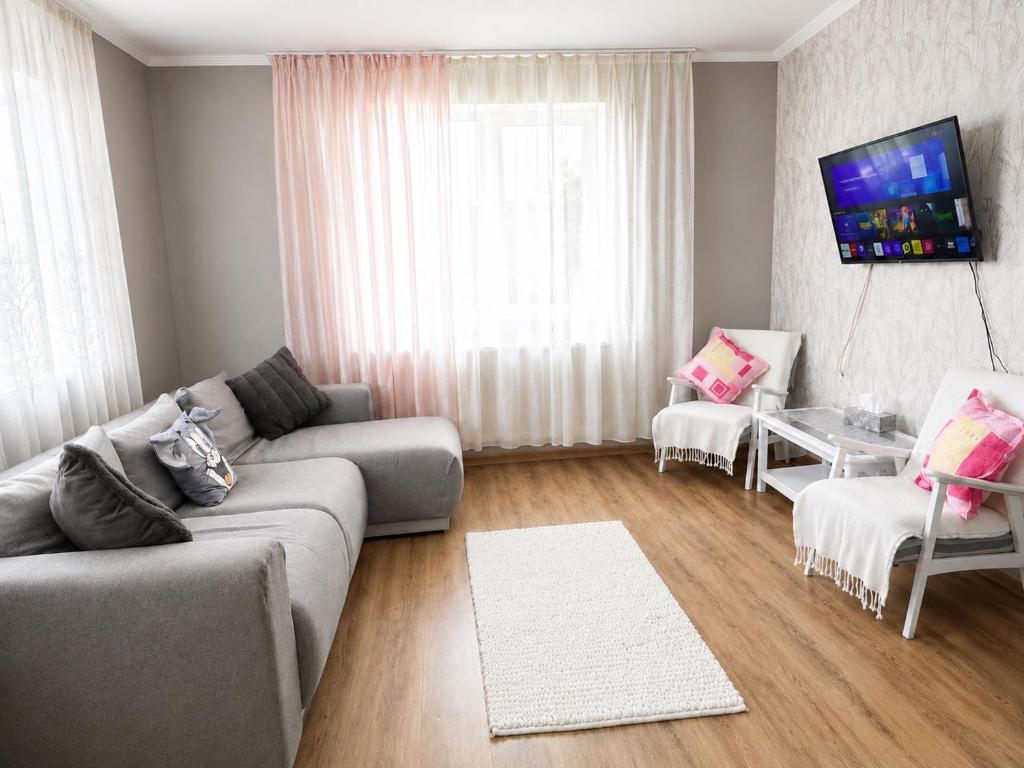 a living room with a couch and chairs and a tv at Casa Stefi in Copăceni