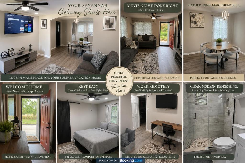 a collage of photos of a living room at Mae's Place in Savannah