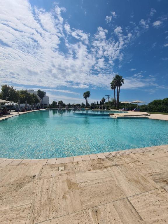 a large swimming pool with blue water and palm trees at Beach House Lleshi in Tale