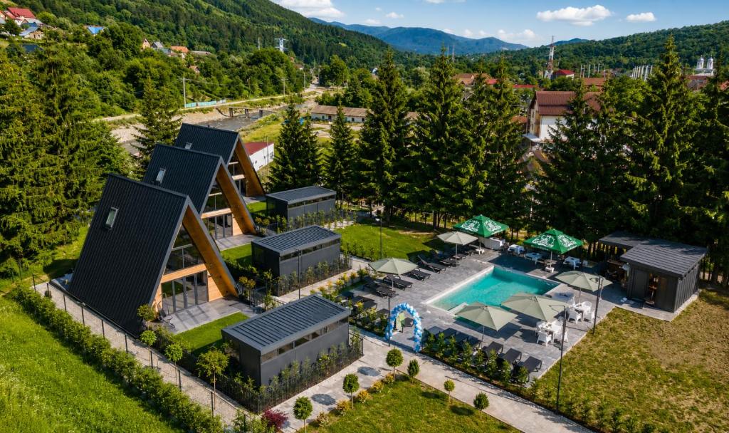 an aerial view of a house with a swimming pool at Cabana Stefan cel Mare in Căpăţîneni-Ungureni