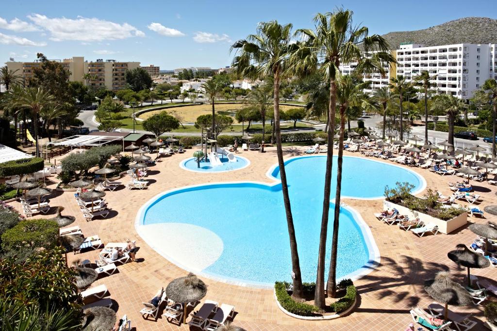 een uitzicht over een zwembad met palmbomen en stoelen bij Grupotel Port D´Alcudia in Port d'Alcudia