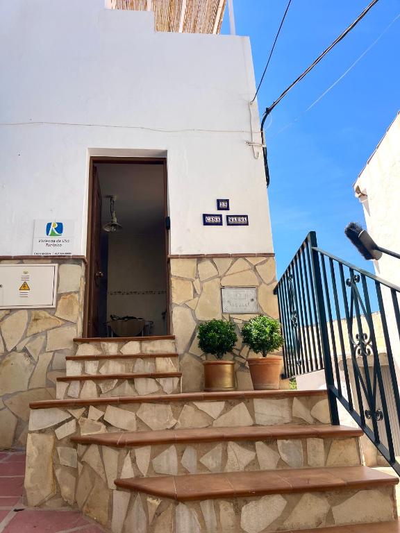 a staircase leading to a building with potted plants at Casa Maena in Cómpeta