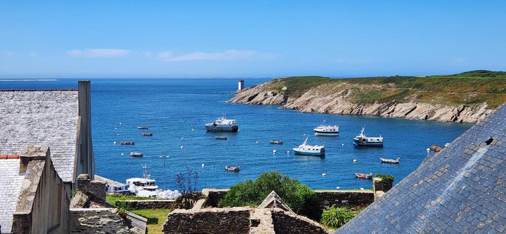 a group of boats in a large body of water at Kermorvan - pleine vue mer- parking et wifi - départ pour les îles in Le Conquet