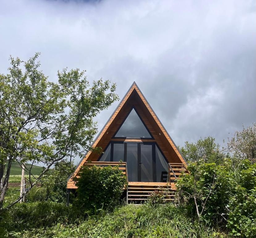 a small house with a triangular roof on a hill at Aurora Cottage Tabatskuri Lake in Tabatsquri