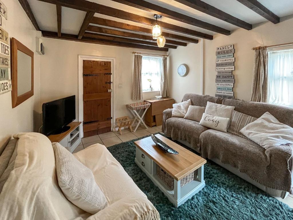 a living room with a couch and a tv at Bacchus Cottage - Uk51964 in Sutton on Sea