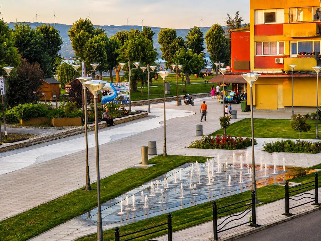 a city street with a fountain in a park at Central No1-Apartments in Golubac