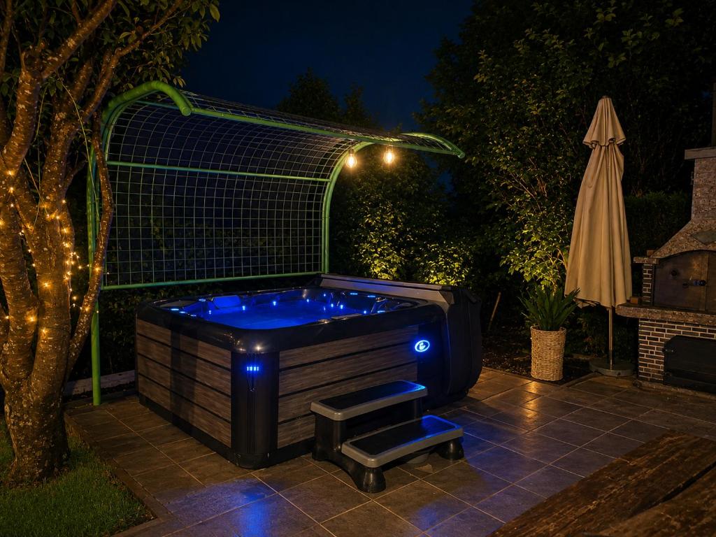 a jacuzzi tub with a bench in a yard at night at Vista Apartment With Hot Tub & Large Terrace in Leskovec pri Krškem