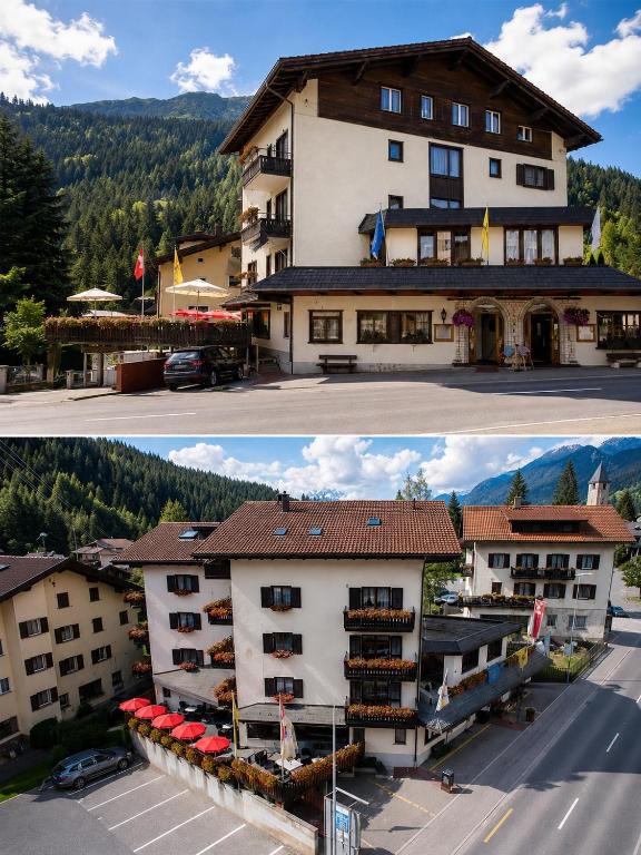 two pictures of a hotel and a building at Hotel Alpenblick in Klosters