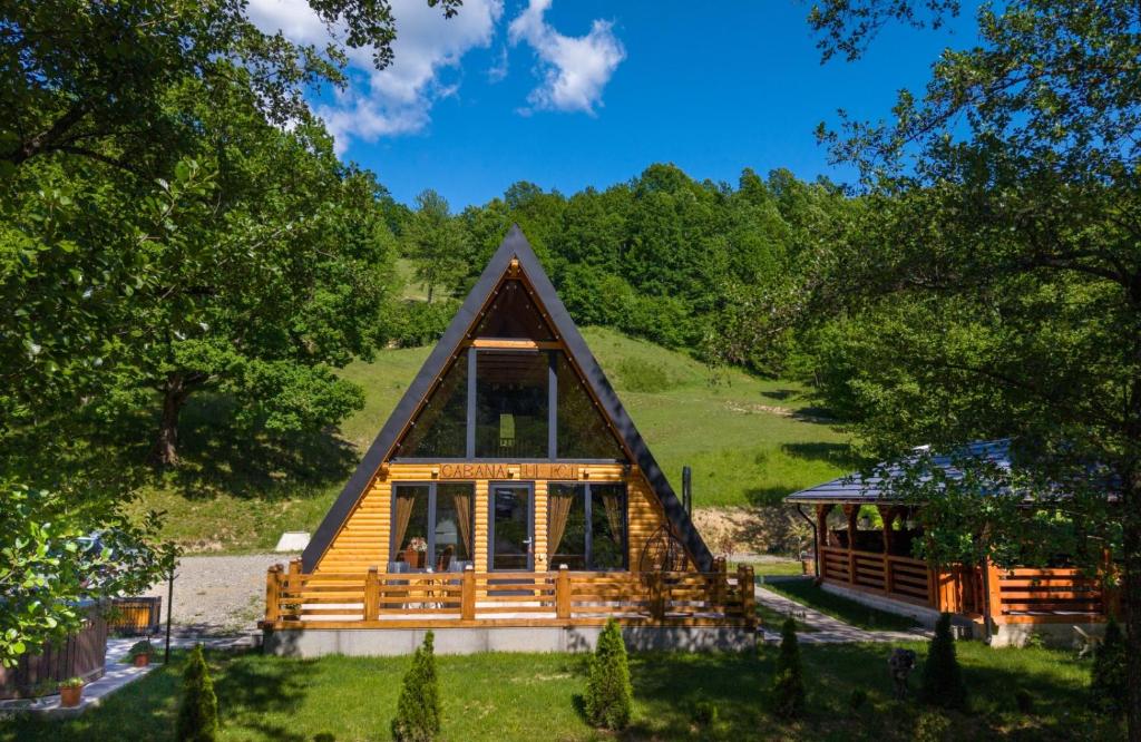 a cabin in the woods with a thatched roof at Cabana Ulici A-frame in Bîrsana