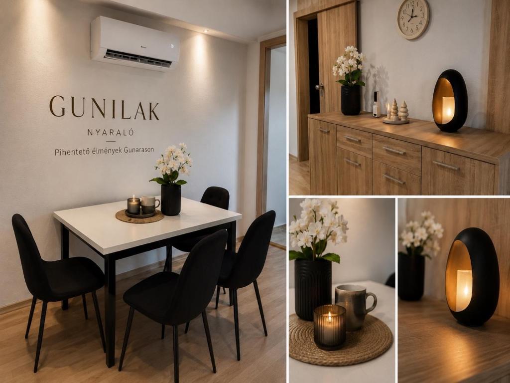 a dining room with a white table and black chairs at Gunilak in Dombóvár
