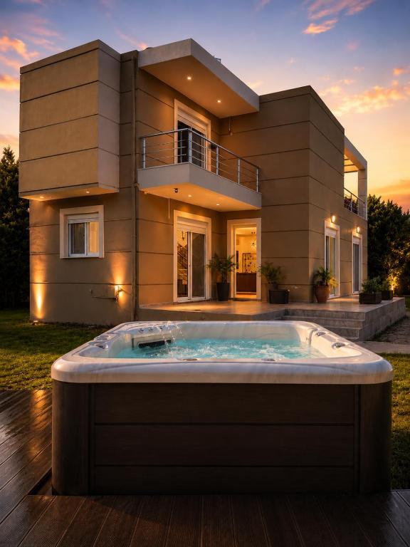 a house with a hot tub in front of it at Phos & Kipos Villa in Koskinou