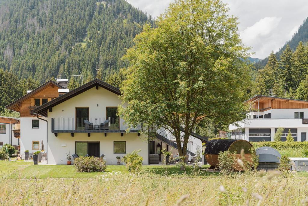 a house in the mountains with a tree at Apartments Hofmann in Prateria