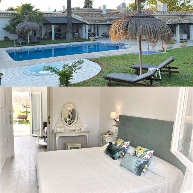 a bedroom with a bed and an umbrella next to a pool at Hotel Malaga Picasso in Málaga