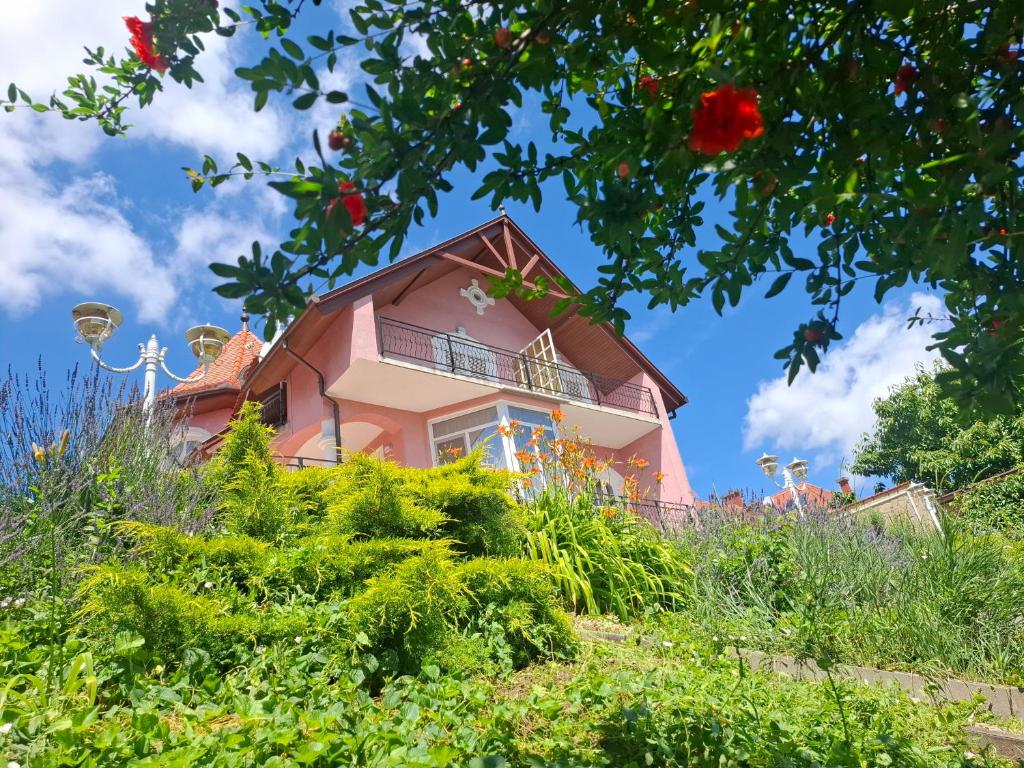 a pink house sitting on top of a hill at Manor Villa in Hévíz