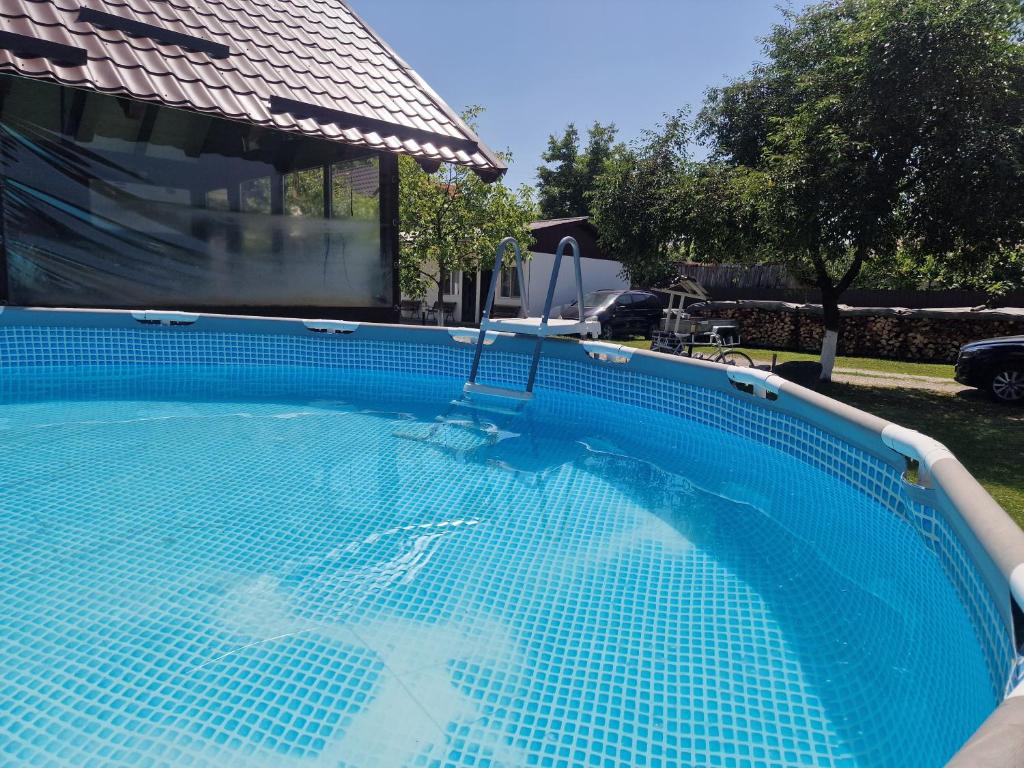 a large blue swimming pool with a house at Pensiunea Beatrice in Sovata