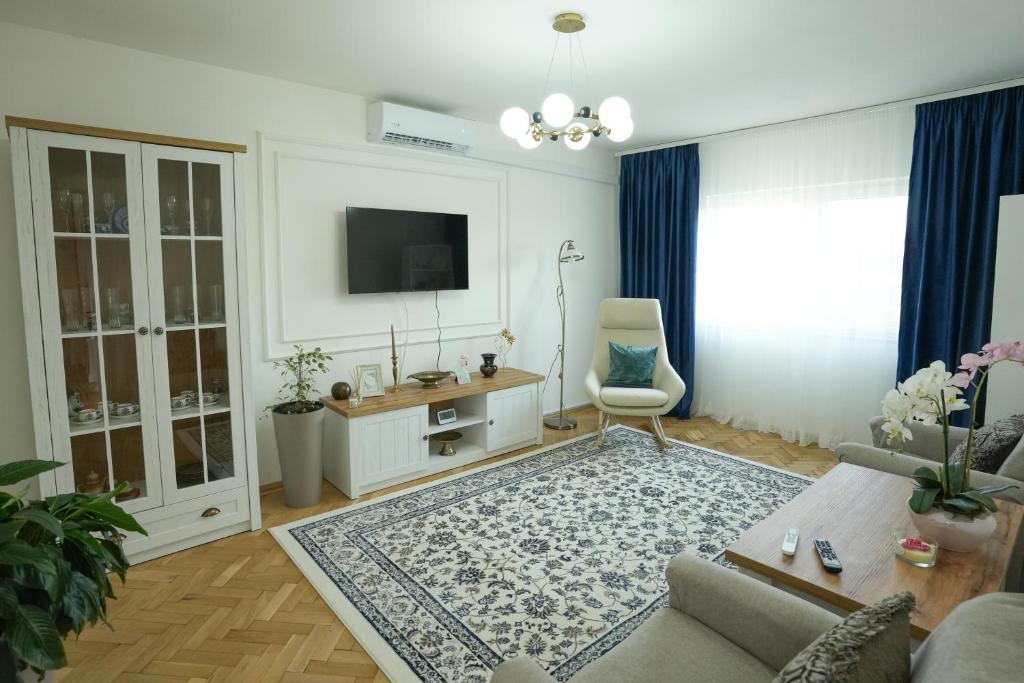 a living room with a couch and a tv at Ari's Arpartament in Beiuş