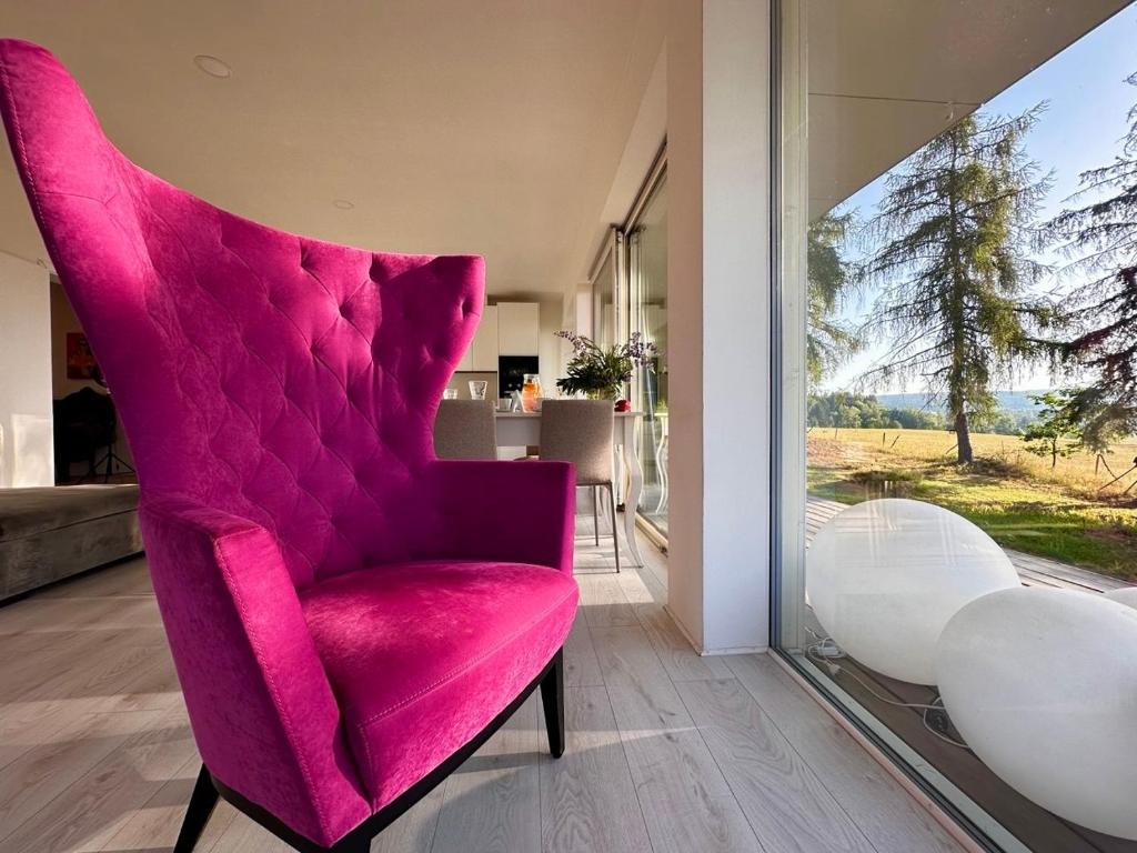 a pink chair in a room with a large window at ORNI House in Hazlov